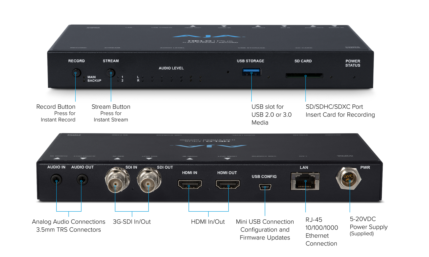 HELO Plus is a compact, advanced H.264 streaming and recording stand-alone appliance. HELO Plus offers both SDI and HDMI I/O with the capability to stream up to 1080p60 to a Content Delivery Network and record simultaneously. Two separate streaming destinations can be set up, and recordings can be made to a combination of SD card, USB storage, and NFS or SMB network storage. HELO Plus also provides Picture-In-Picture and graphics functionality in hardware for compelling presentations made simple.