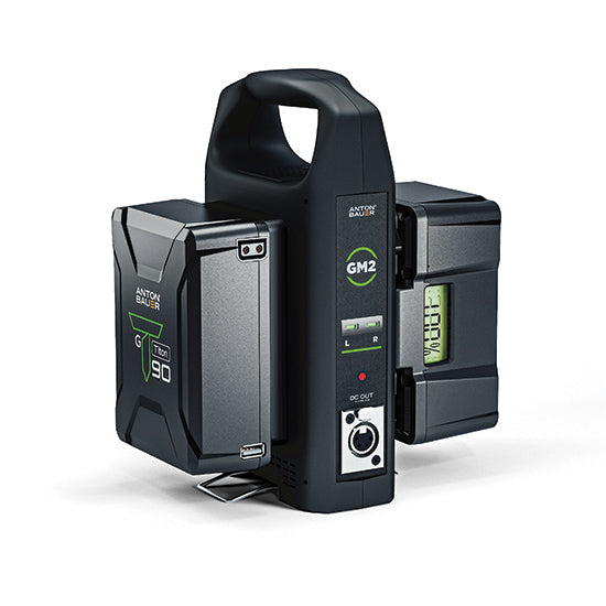 Dual gold mount charger with two titon batteries. 90 and 150 W, attached. Anton Bauer at HD Source.