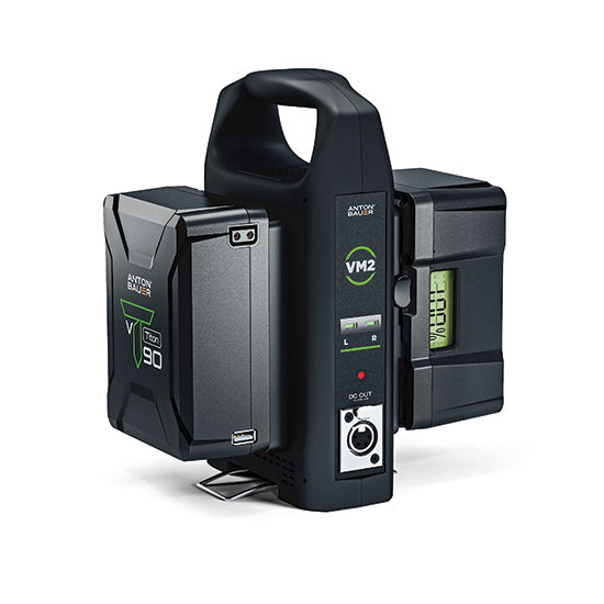 Dual v mount charger with two titon, 90 and 150 W, batteries attached. Anton Bauer at HD Source.
