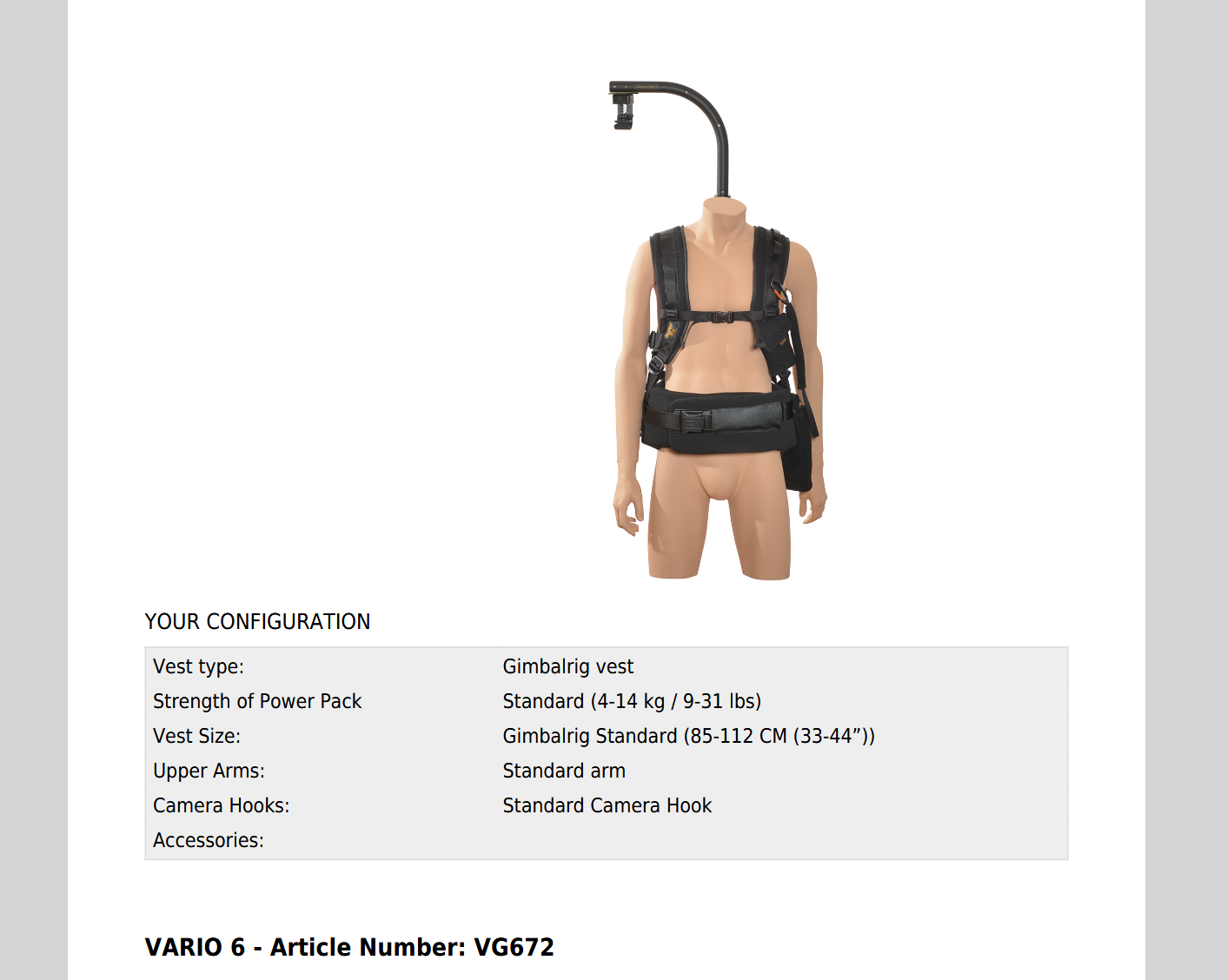 Easyrig Vario 6 - Please select your configuration