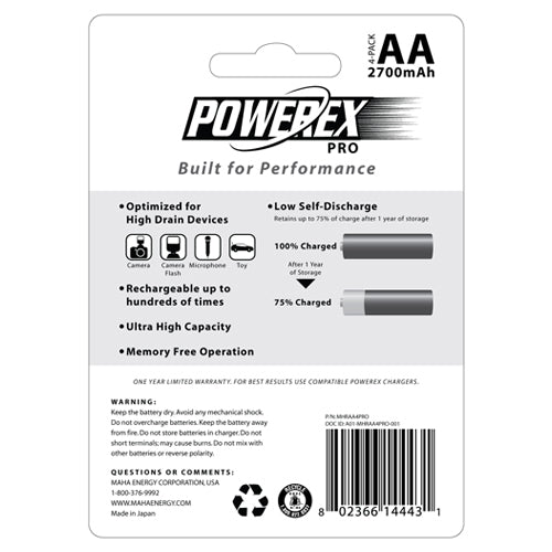 Powerex Pro Rechargeable AA NiMH Batteries (1.2V, 2700mAh) - 4 pack - HD Source