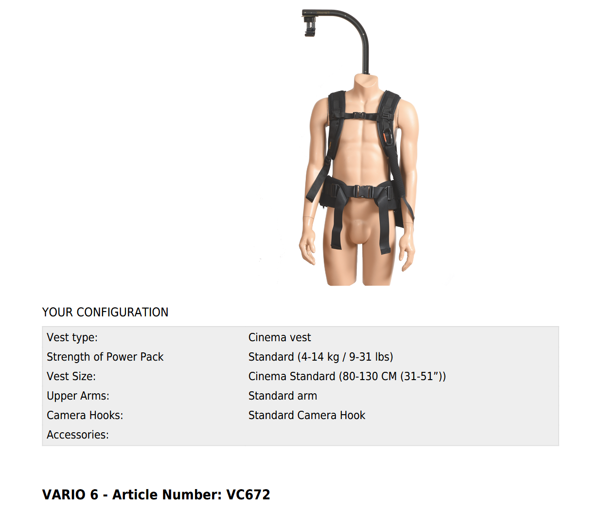 Easyrig Vario 6 - Please select your configuration