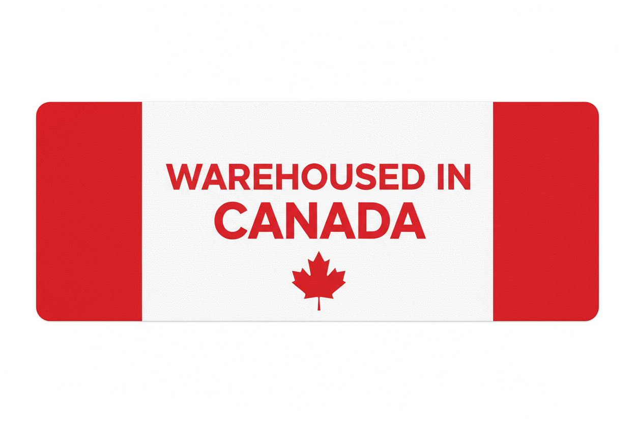 canadian flag with the words "Warehoused in Canada"